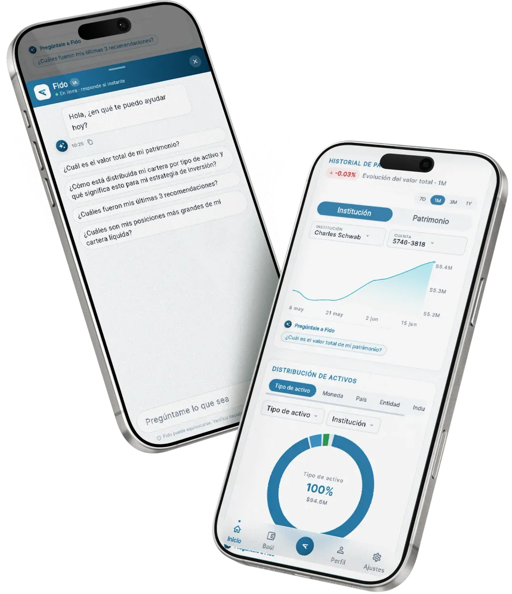 Aplicación Fiduz mostrando el chat con Fido y el dashboard patrimonial